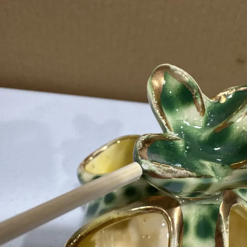 VTG Polychrome Enamel Handkerchief Vase Basket Green Dots Mica Italy Small size